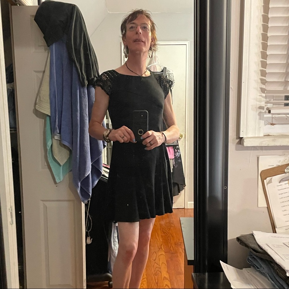 Ralf Lauren size large black flared mini dress with knitted shoulders